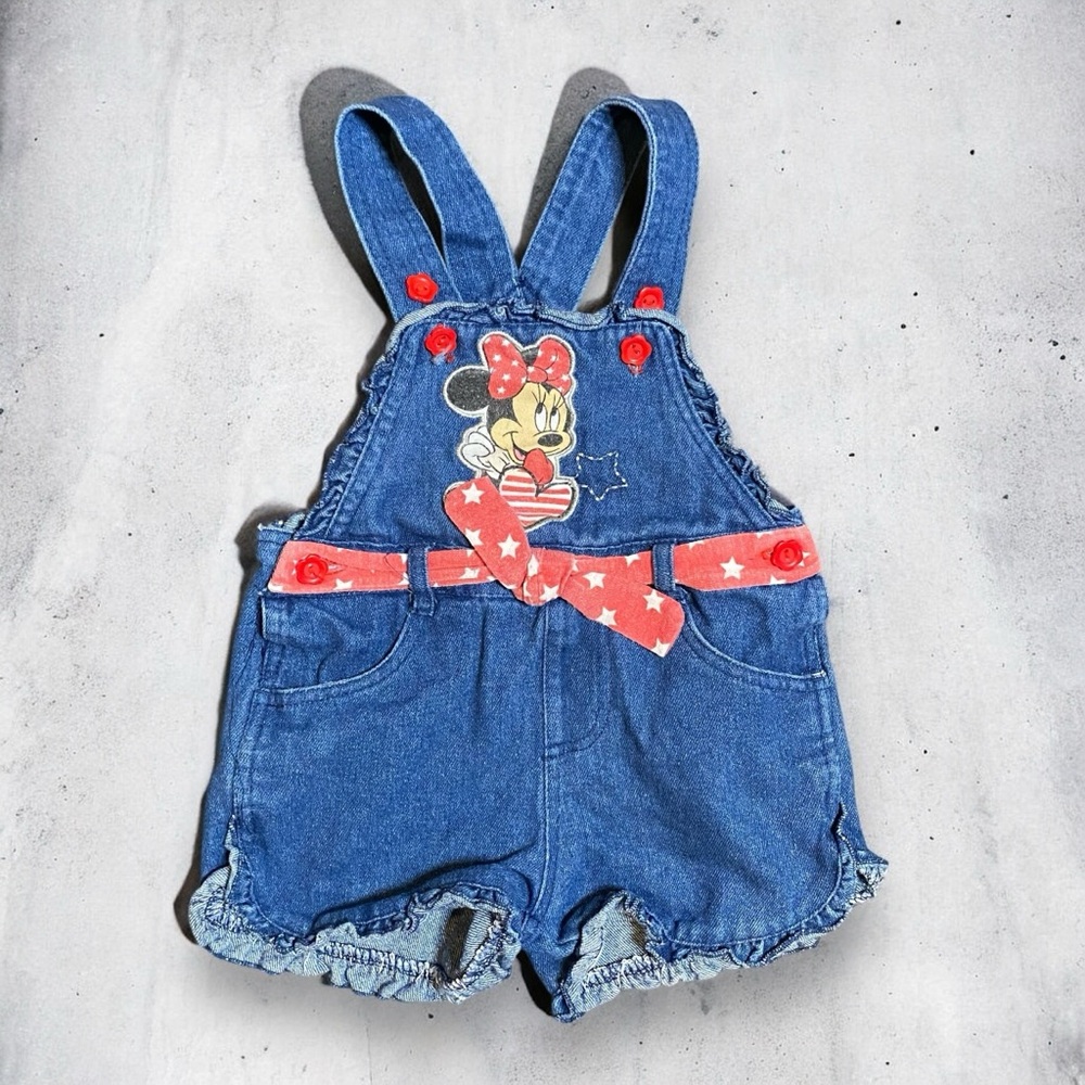 y2k Disney Minnie Mouse Denim Ruffled Belted Short Overalls Size 3T - Picture 1 of 6